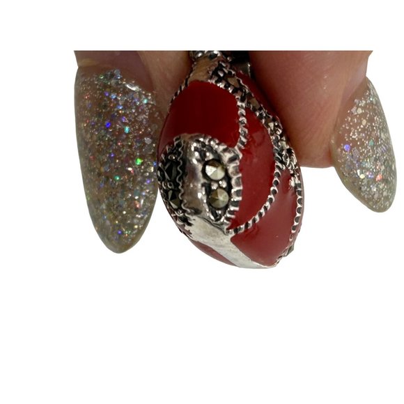 Women’s Pendant Red Enamel Purse Sterling Silver 925 Vintage Marcasite Stones - Picture 7 of 15